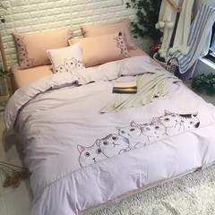 Exquisite embroidery, four sets of washed cotton, cotton cartoon, baby level fresh embroidery, MTJODDY1EQ Lazy cat (nude powder) 1.5m (5 feet) bed