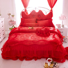 全棉贡缎结婚床上用品 韩式床裙 韩版蕾丝被套 婚庆四件套 纯棉 公主日记大红 其它