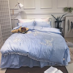 Pure cotton satin embroidered bed skirt Four Piece Pink Korean Princess wind 1.5m1.8 cotton fitted bedding Bed linen Embroidery tassels - Blue 1.5 meters bed with quilt size is 200*230