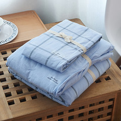 Cotton, no print, wind, lattice, single double bed, hat set, Japanese simple, yarn dyed washing cotton three or four sets Bed linen Blue 1.2m (4 feet) bed