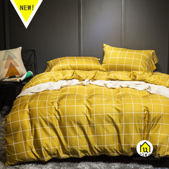60 cotton satin cotton four set simple cotton yellow Plaid bedding bedding 1.8m Sky blue 1.5m (5 feet) bed