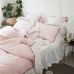 Korean Pink Princess wind lace 60s pure cotton satin cotton cotton four set bed skirt Large cushion (including core) Pillow