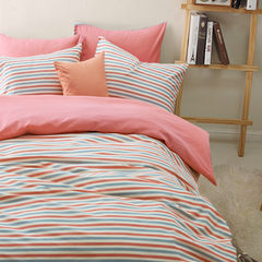 时尚条纹小清新加厚秋冬温暖磨毛淡粉色床单床笠纯棉床品四件套 床单款四件套 1.2m（4英尺）床