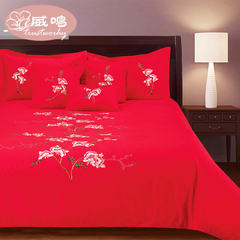 Wei Ming red wedding mercerizing, pure cotton embroidery, silk flower quilt cover, four sets of cotton bed goods, buy a send five Big red 220*240 quilt, four piece set 1.8m (6 feet) bed