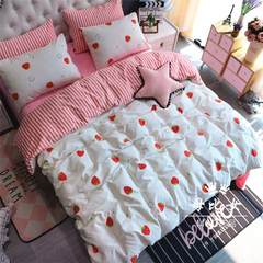 Autumn and winter thick A cotton sanded B crystal cashmere four piece small fresh warm coral fleece peached cotton bedding Bed linen Little strawberries 2m bed (quilt cover 2.2*2.4m)