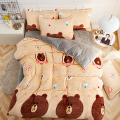 The bed coral fleece four piece thick warm flannel sheets quilt in winter. 1.5m1.8m cartoon Plush Bear Tuzhi love 1.5m (5 feet) bed