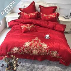 Wedding four sets of bedding, pure cotton, red embroidery bed, cotton 60 satin, high-end wedding 9 sets of happy match seven piece 1.5m (5 feet) bed.