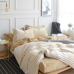 Japanese simple stripe, warm winter and autumn, 1.5M yarn dyed wash velvet, four sets of anti-static thickening 1.8 double bed Bed linen Stripe 1.2m (4 feet) bed