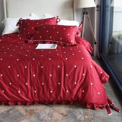 Cotton cotton four piece 60 satin wedding red cotton bow Princess wind leaf bed Miss Tung wedding four sets of money 1.5m (5 feet) bed