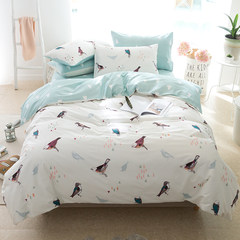 Korean simple cotton four sets of bedding, 1.5/1.8m pure cotton spring and summer cartoons, three sets of quilt sheets Bed linen Bird e 1.2m (4 feet) bed