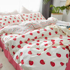 The spring and autumn and winter peached cotton four piece of cotton thickened simple fresh 4 piece quilt bedding sheets Bed linen Little strawberries 1.5m (5 feet) bed