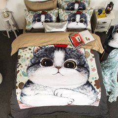 Cartoon sanding three or four piece 1.8m bed dormitory cute cat single quilt quilt new spring and summer Bed linen Fat cat 1.5m (5 feet) bed