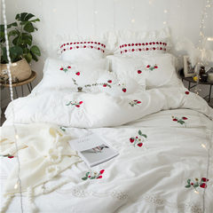 Korean version of pure strawberry embroidery bedding cotton cotton satin four piece bedding Sweet Princess wind Bed linen Strawberry Other
