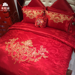 Red wedding, four sets of cotton embroidery, bridal bed products, married six sets of jacquard cotton embroidered bedding Fitted models Flowers dance M yards 1.5 or 1.8 meters bed (quilt core 200-230)