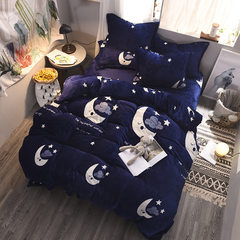 Black velvet sheets quilt plus velvet flannel bedding in autumn and winter of four double page cartoon pig Good night. 1.2m (4 feet) bed