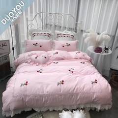 新品全棉60支贡缎长绒棉草莓刺绣花边四件套多件套床品 粉草莓七件套 1.5m（5英尺）床