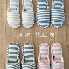 Excellent Japanese striped lovers home, men and women style indoor slippers, cotton anti-skid machine washable floor silent Size 24 (for size 35-36) Deep blue