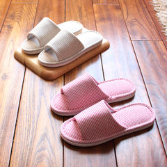 Japanese spring and summer stripe cotton slippers female couple room wooden floor waterproof anti-skid slippers male silent home Size 28 (for size 42-43) Light coffee with cotton