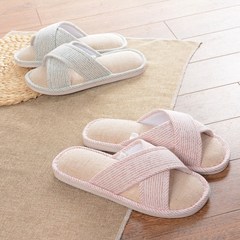 Linen slippers summer home men and women couples indoor antiskid soft bottom floor slipper Japanese silent sweat odor prevention 37/38 (for 35/37 code) Sky blue