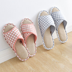 Japanese style Plaid four seasons spring linen home slippers, cotton slippers, men and women home floor anti-skid room 37-38 (for 36-37) Grey linen foot