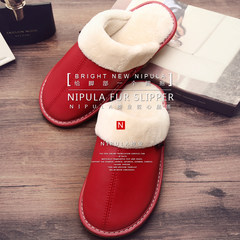 Warm leather slippers, home lovers, indoor antiskid wooden floor, home plush, cotton slippers, men and women in winter F gules