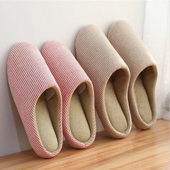Machine washable spring and autumn lovers, Japanese soft bottom, silent home, cotton slippers, men and women winter floor slippers M (35-38) Vertical stripe Beige
