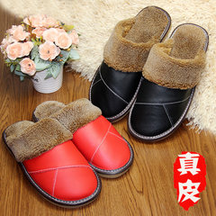 Leather warm cotton slippers, winter men and women home, family couples floor antiskid, thick bottom indoor leather slippers 6 months degumming / breaking and replacing Claret