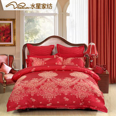 水星家纺结婚床上用品大提花被套四件套纯棉床单1.8m婚庆红色床品 并蒂良缘 1.5m（5英尺）床