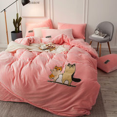 Cartoon. Cashmere embroidered towels four piece thick warm winter flannel bedding coral fleece 4 piece Jade 1.5m (5 feet) bed