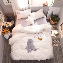 卡通刺绣水洗棉四件套全棉简约纯色绣花床上用品1.5m1.8m床单被套 豆豆熊-白 1.5m（5英尺）床