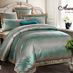 正品五星级酒店床上用品套件60支欧式纯棉天丝贡缎提花宾馆四件套 绿+驼色 1.8m（6英尺）床