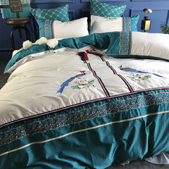 实拍60支长绒棉四件套贡缎全棉绣花床上用品花鸟刺绣被套床单套件 1.5m（5英尺）床