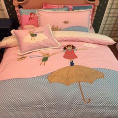 2017 girls' cotton cartoon four piece set of children embroidered Korean Edition princess bed 1.2 1.5 meters rabbit happy holiday 1.2m (4 feet) bed