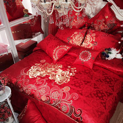 Boutique embroidery, wedding celebration, red wedding, big red satin, pure cotton more than 4 Piece Bedding, bedsheet, peony, 1.5m (5 ft) bed.