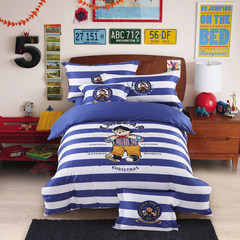 Soft glutinous cotton paste, embroidered little bear cartoon sheets, four sets of blue and white stripes, classic boys and girls bed products 1.0m (3.3 feet) bed