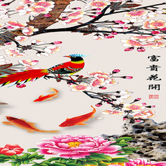 Printed bamboo curtain, curtains, curtain, partition, printing, painting, tea room, steaming room, tatami, Japanese painting, painting, curtain, flowers and riches.