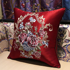 Modern Chinese embroidered pillow European leather sofa cushion cover bed backrest soft waist pillow core with big car 45x45cm (cushion cover) Bordeaux (flowers blooming like a piece of brocade)