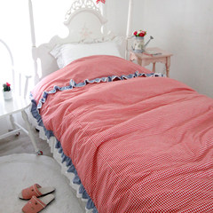 South Korea imported purchasing large red plaid pale blue denim color flounces four piece bedding lovely children Four piece suit 1.2m (4 feet) bed