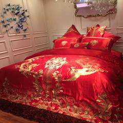 Four sets of wedding, golden dragon, red, red, cotton, high-end embroidery, wedding sets of dragon and Phoenix bedding Six piece suit 1.5m (5 feet) bed