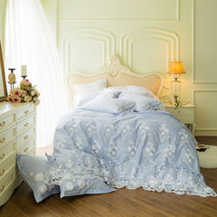 全棉蕾丝四件套60支公主4件套家纺床单被套纯色素色1.8米床上用品 七件套 梦中婚礼(兰） 2.0m（6.6英尺）床
