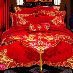 苏迷家纺 高档婚庆大红色龙凤喜庆床上用品十件套 床罩式刺绣套件 1.5m（5英尺）床