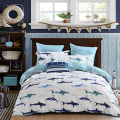 水星家纺儿童四件套全纯棉鲨鱼床单被罩1.2m单人床学生宿舍三件套 蓝色海洋 1.2m（4英尺）床