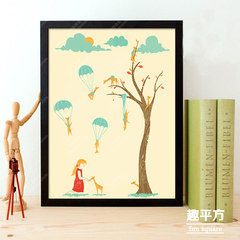 Cartoon landscape painting, single bedroom decorative painting, children's house hanging painting, warm and small fresh painting, framed painting restaurant painting 30*40 Simple black wood grain frame Classic black box Oil film laminating + low reflectiv