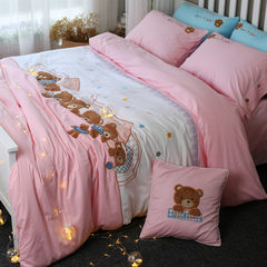 Korean children's cartoon, four sets of cotton, Princess wind, pure cotton embroidery, bear lace, pink bed Pink Bear cartoon four pieces 1.2m (4 feet) bed