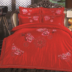 Cotton jacquard scarlet wedding four pieces of celebration, pure cotton embroidery, dragon and Phoenix wedding 1.8m2.0 m bedding, Fairview garden red 2.0m (6.6 ft) bed.