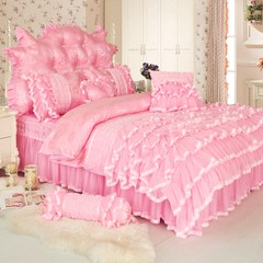 Korean lace Four Piece Set Pink Pure Cotton Satin Jacquard Princess Wedding bed dream bedding bag Paris Style Pink 2.2m (7 feet) bed