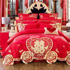 Wedding four sets of red cotton embroidered wedding room bedding 68 sets of embroidered bedding Suite Four piece suit Bed linen Jubilant 1.5m (5 feet) bed