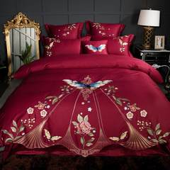 New high-end wine red cotton embroidery four sets of Pure Cotton Satin Embroidery Wedding Band Six or seven piece bedding Bed linen Butterflies in Love with Flowers 1.5m (5 feet) bed