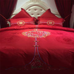 Korean high-end 60 Egyptian Cotton Satin Embroidery Embroidery Wedding red boutique four piece six piece set. Bed linen A harmonious union lasting a hundred years - Six Piece Set 1.5m (5 feet) bed