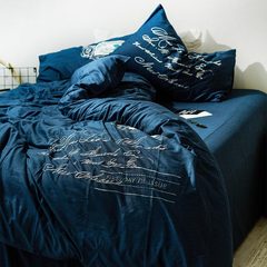 Scandinavian pure color, spring and summer naked sleep, Tencel, cotton and linen four piece 1.8m linen bed, double quilt sheets, remembrance star film (deep blue) 1.5m (5 ft) bed.